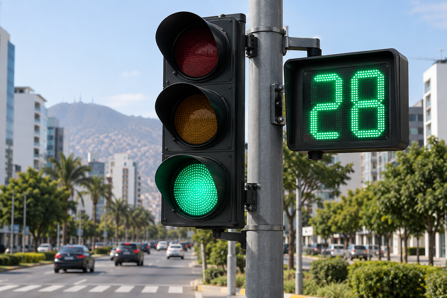 Visualización de un semáforo en verde junto a un contador LED que muestra 28 segundos